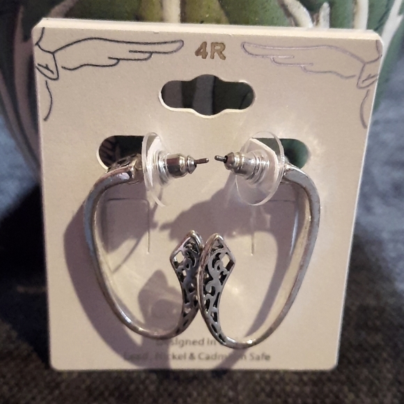 Silver Open Oval Hoop Dangle Earrings Black Swirl Design Designer Look New - Picture 3 of 4